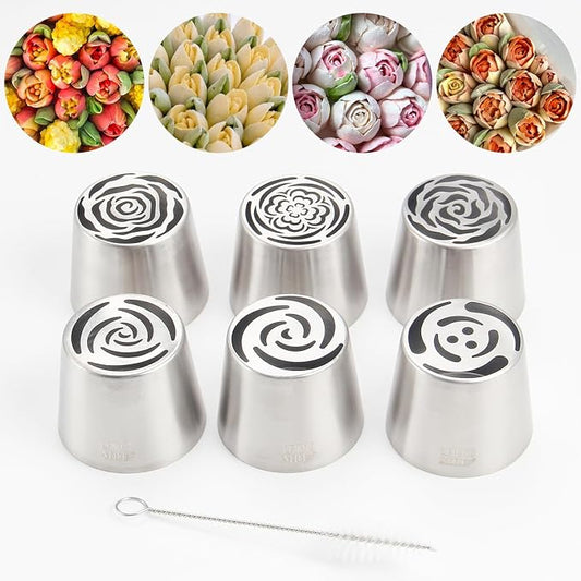 Extra Large Russian Piping Tip Set - 6 Stainless Steel Marshmallow Buttercream Framing Nozzles for 3D Roses Tulip Cake Decorations and Marshmallow Bouquets, Includes 1 Cleaning Brush(6C)
