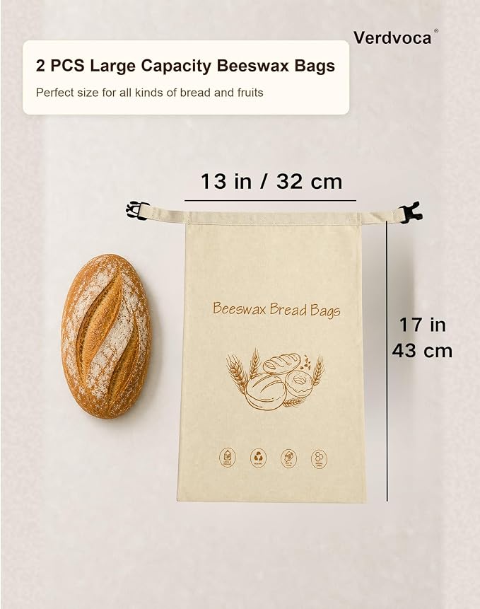 Beeswax Bread Bags for Sourdough, 2 Pack XL Reusable Organic Cotton Linen Bread Storage Bags with Lock Buckle, Natural Bees Wax Bread Bag for Homemade Bread, Freezer Friendly Food Storage, Keep Fresh