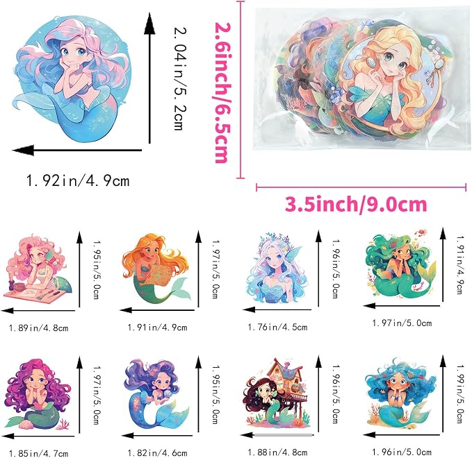 50 pcs Watercolor Cute Mermaid Clear PET Stickers, Fantasy Ocean Princess Transparent Die-Cut Decals, Waterproof Aesthetic Stickers for Girls Journal Scrapbook Planner DIY Party Craft Decor