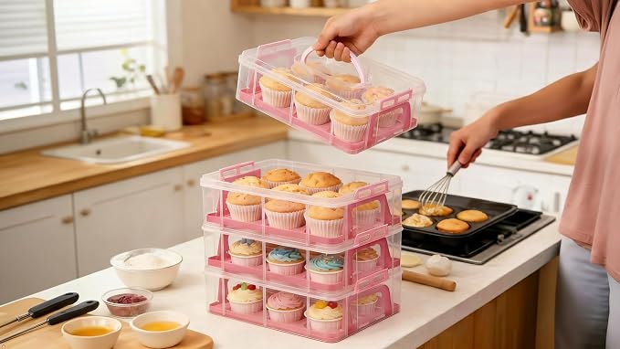 Cupcake Carrier Stackable Storage Container Collapsible Cake Carrier with Lid and Handle, with 50 PCS Cupcake liners,Reusable Plastic Dessert Travel Container,Transport Box (48 Cupcakes Pink)