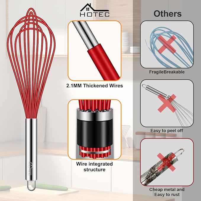 HOTEC 4 Pieces Silicone Whisks Set, Wire Balloon Whisks for cooking Egg Beater, Non-slip Handle Whisk for Non-stick Cookware Perfect for Cooking, Stirring, Beating and Blending,Red