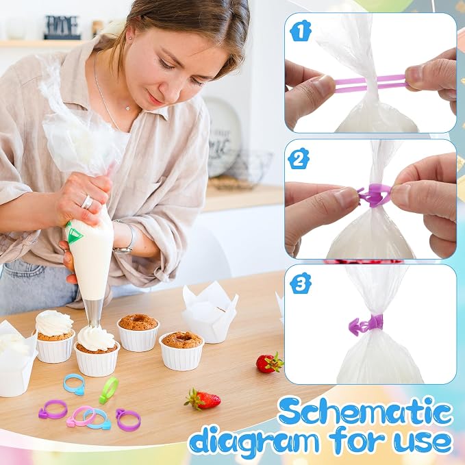 Patelai 120 Pieces Icing Bag Ties Silicone Decoration Piping Bag Ties for Cupcakes Cookies and Pastry (Blue, Green, Purple, Pink)