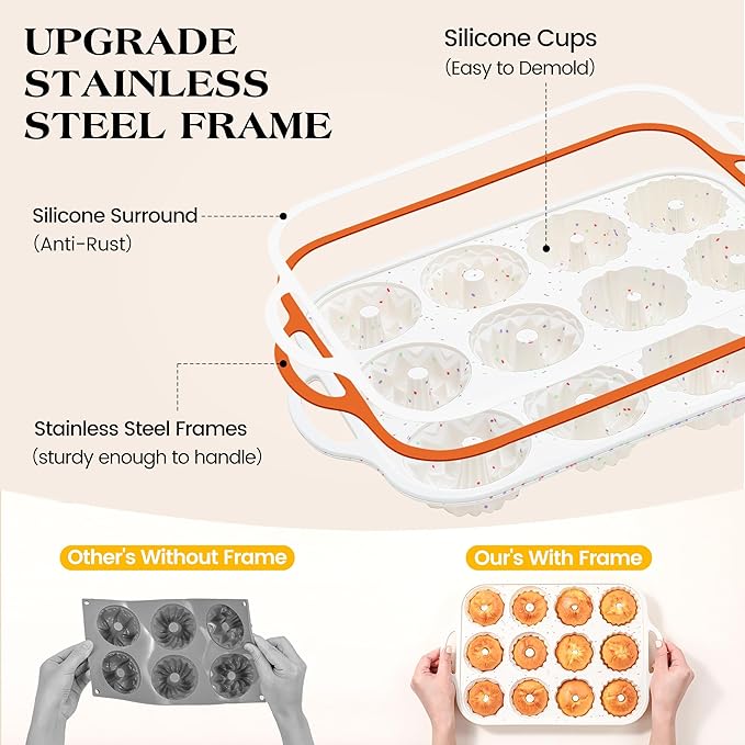 2 Pc Silicone Mini Fluted Tube Cake Pans with Metal Frame, 6-Cavity Non-Stick Moldes De Silicona Para Gelatina, Mini Flan Molds for Cupcake, Donuts, Muffin, Cornbread, Brownie, Jellies (Cream)