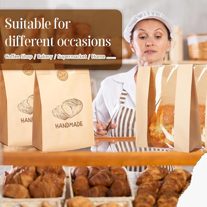 Feifeiya 100 Pack Kraft Paper Bread Bags for Homemade Sourdough Bread with Window & Stickers, 13.7x8.3" Large Bakery Bags for Loaves Greaseproof Food Packaging for Baking Gifts, Brown(Novel Style)