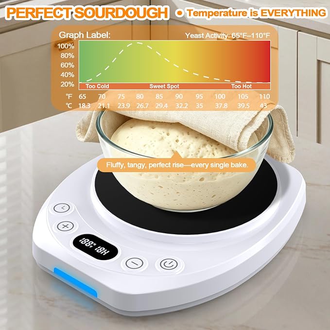Sourdough Starter Warmer Mat,65-110°F 1°F Precision, 24H Timer & Memory, Electric Heating Mat for 24-40oz Jars, Home Baking（white）
