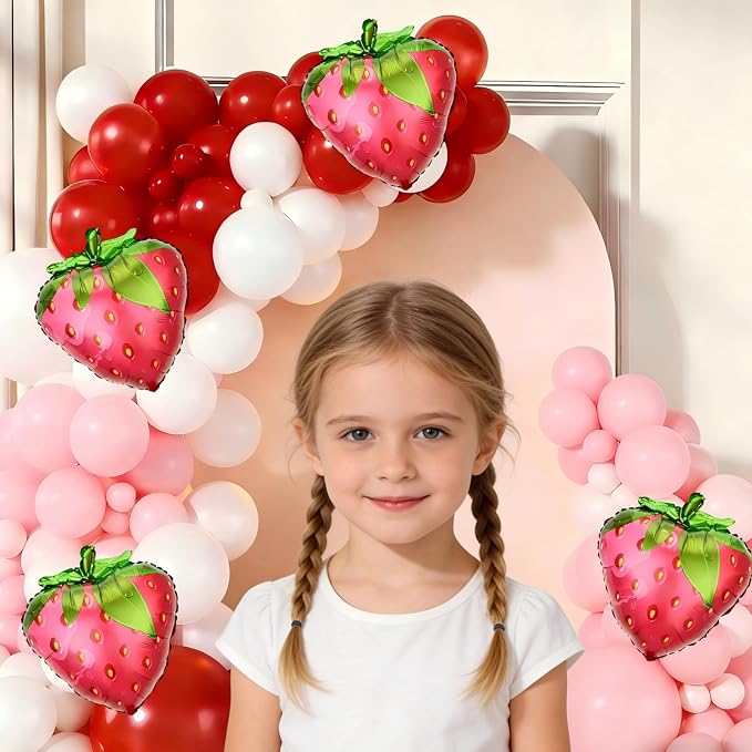 Strawberry Balloon Garland Arch Kit, 143pcs Red Pink and White Balloons with Strawberry Foil Balloons for Sweet Girl Berry First Baby Shower Birthday Party Decorations