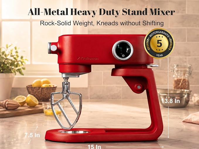All Metal Stand Mixer DC Motor - Heavy Duty Dough Mixer 5.3 Quart with 4 Stainless Steel Attachments, Quiet Operation with Timer, Verstile Standing Mixer with Power Hub, 8-Speed (Red)