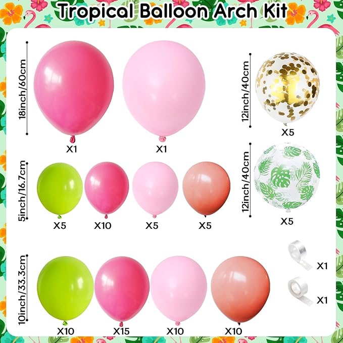 Tropical Balloon Arch Garland Kit, Hawaiian Luau Party Decorations with Hot Pink and Green Balloons, Palm Leaves Balloons Gold Confetti Balloons for Aloha Flamingo Beach Summer Theme Party Decofations