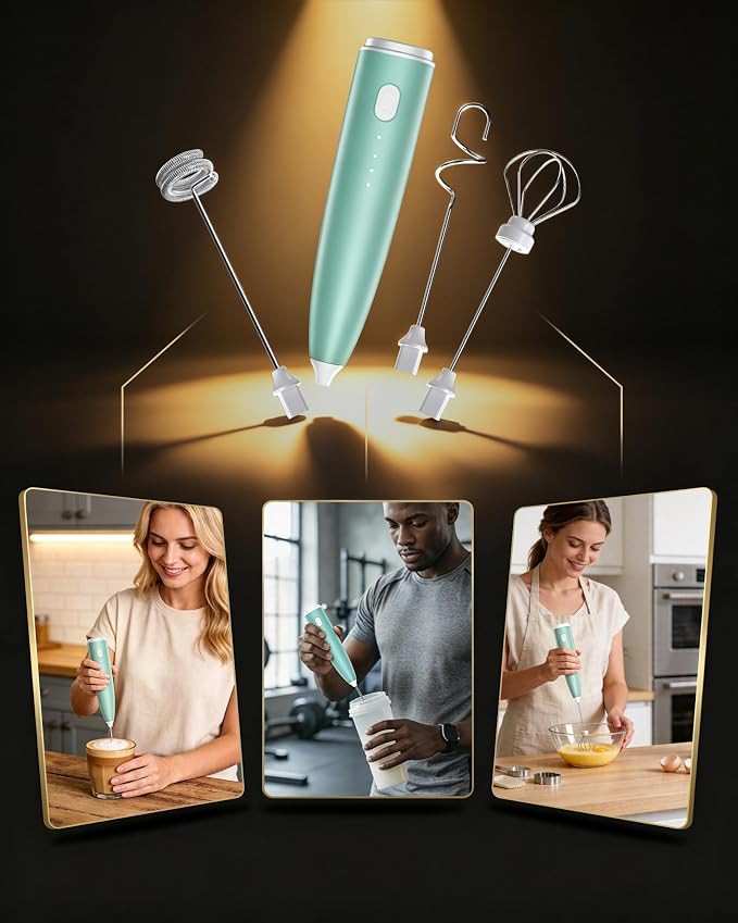 Milk Frother Handheld,Portable Electric Drink Mixer/Wand,Egg Whisk-Green | USB C Rechargeable | 3 Adjustable Speeds | 3 Detachable Whisks | Quiet Operation | For Coffee, Latte, Matcha,protein powder