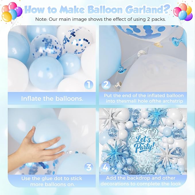 153Pcs Blue and White Balloons Garland Arch Kit with Stars - 22 18 12 10 5 inch Different Size Baby Pastel Light Blue White Confetti Balloons for Birthday Baby Shower Wedding Party Decorations