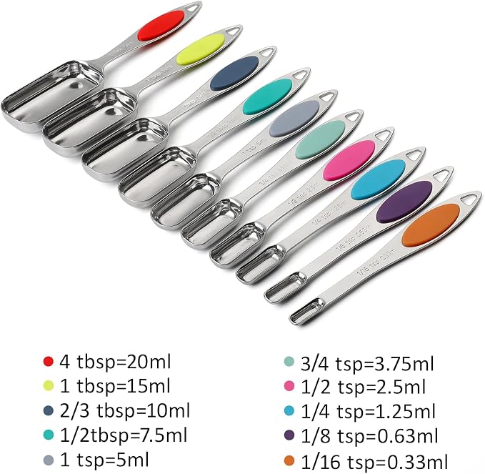 Magnetic Measuring Spoons Set of 11,Stainless Steel Magnetic Measuring Spoons,Teaspoon Measuring Spoon with Leveler for Dry or Liquid Ingredients (11, Colorful)
