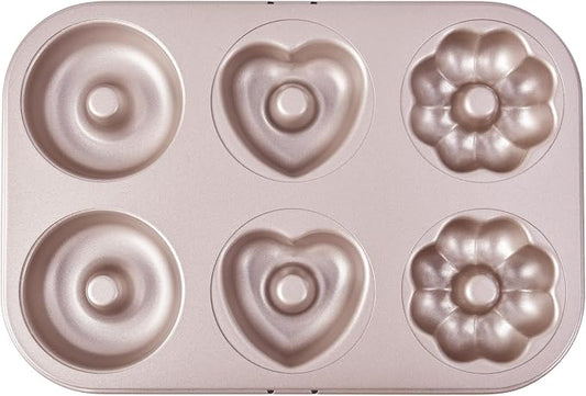 Fancy Donut Pan, 6 Cavity Donut Mold Heavy Duty Steel Non-stick Heart Flower Round Shaped Bund Pans Pattern Doughnut Bakeware for Oven Baking (Champagne Gold)
