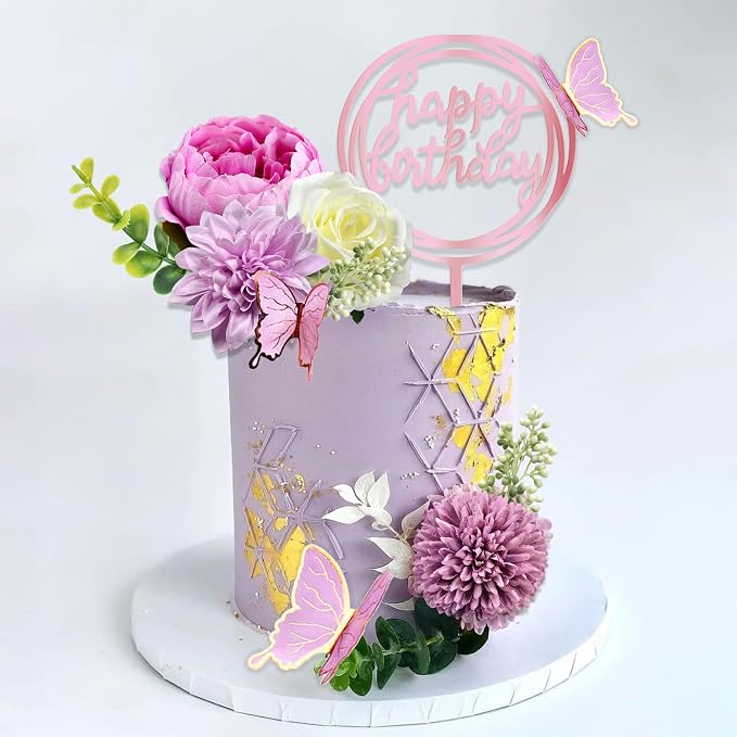 14 PCS Butterfly Cake Toppers Happy Birthday Cake Decorations with Artificial Purple Flowers Eucalyptus Butterflies for Girls Birthday Party Wedding Baby Shower Supplies (Purple)