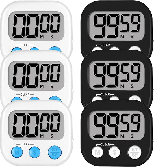 Lasubst Digital Kitchen Timers for Cooking, Magnetic Classroom Timers for Teachers Kids, Back to School Supplies Bulk (6 Pack, Black White)