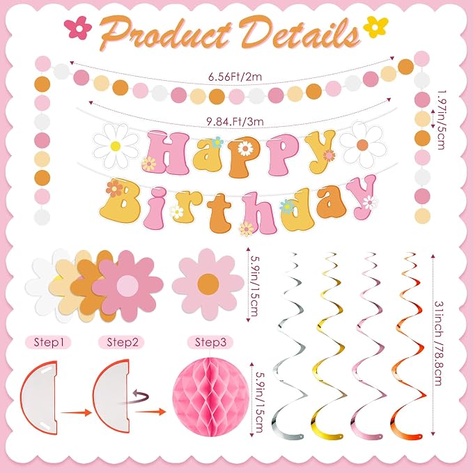 Pasimy Groovy Party Decorations Daisy Birthday Banner Garland Boho Flower Happy Birthday Decor Retro Hippie Hanging Swirls Streamer Groovy Honeycomb Balls Dot Garland Banner for Boho Party Supplies