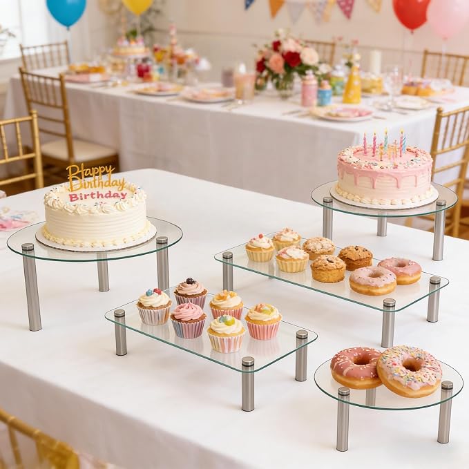 6 Pack Tempered Glass Cake Stands Set 9 11 13 Inch Round & Rectangular Cupcake Stand Dessert Display Riser Serving Platter Plate for Decoration Table Party Wedding Baby Shower