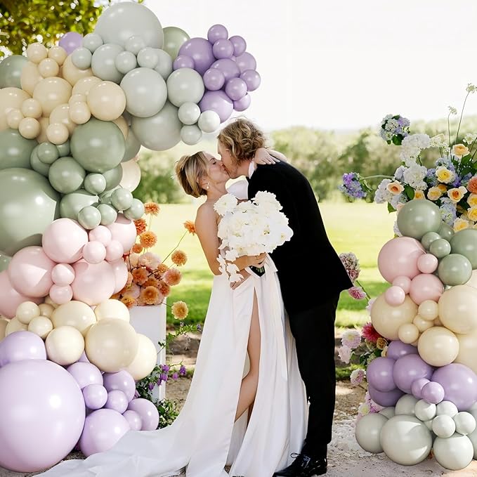 Dusty Green Purple Pastel Pink Balloon Arch Garland Kit 124Pcs Double Stuffed Light Green Sage Green Purple Yellow Macaron Pink Balloons for Wildflower Baby Shower Wedding Birthday Party Decorations