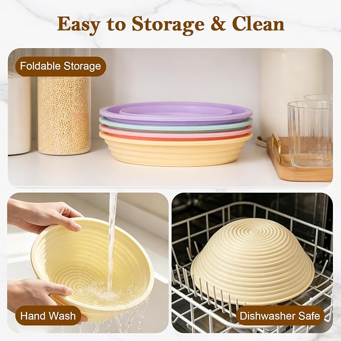 4 Pack Silicone Banneton Bread Proofing Baskets, 9" Collapsible Non-Stick Sourdough Proofing Bowls for Bread Baking, Round Dough Rising Baskets
