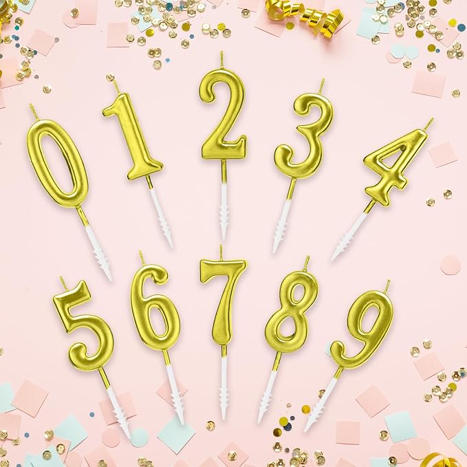 Beanlieve 10-Pieces Numeral Birthday Candles - Cake Numeral Candles Number 0-9 Glitter Cake Topper Decoration for Birthday,Wedding Anniversary,Party Celebration (Gold)