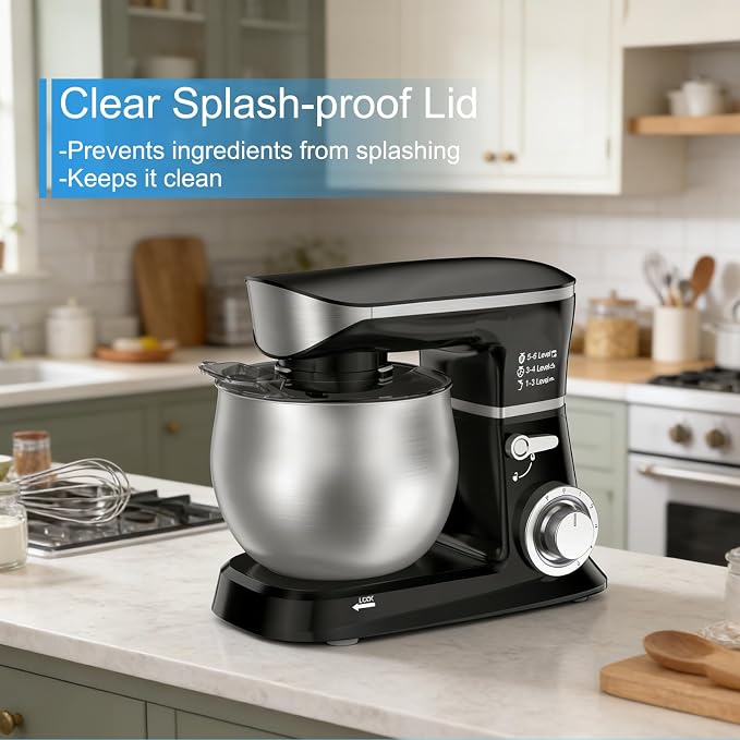 Electric Stand Mixer, Kitchen Mixer 6.5-Quart Tilt-Head, 6 Speeds with Dough Hook, Whisk, Beater, and Splash Guard, Stainless Steel Bowl for Baking