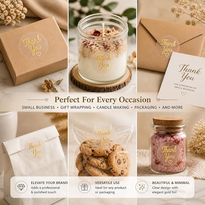 1000 Clear Thank You Stickers Roll, 1 Inch Round Gold Thank You Labels, Bulk Thank You Stickers for Small Business Packaging, Boxes, Bags, Envelopes, Baked Goods & Party Favors, 2 Rolls of 500