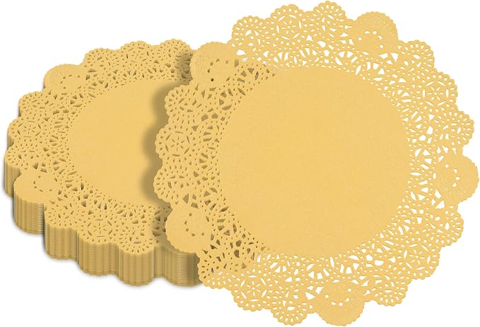 Pastry Tek 8 x 8 Inch Paper Lace Doilies, 100 Disposable Table Doilies - Elegant Lace Finish, Long Lasting, Orange Paper Doily, for Pastries, Cupcakes, Desserts - Restaurantware