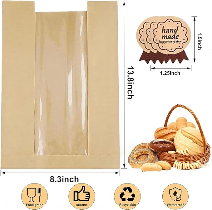 100 Pack Lmoszuak thicker Large Paper Bread Loaf Bags, for Homemade Bread (13.7x8.26x3.54in). with Window Bread bags & 125pcs Sealing Stickers,Suitable for Packaging and Storage of Baked Goods