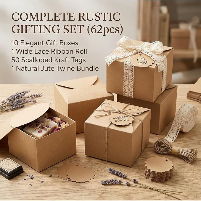 MLXUANLA 62 Pack Small Gift Boxes - Cookie Boxes For Gift Giving, Ivory Lace Ribbon, Jute Twine, Kraft Tags - Brown Kraft Paper