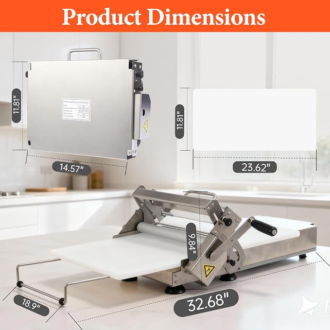 32.6" x 11.8" Folding Manual Dough Sheeter with PE Board – Stainless Steel Countertop Dough Roller Machine, Adjustable Thickness (0–25mm) for Pastry, Pizza, Croissant, Cookie & Pasta