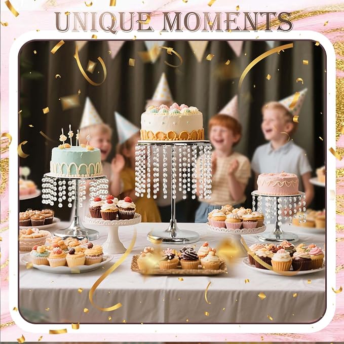 Metal Mirror Cake Stand Set with Crystal Pendants - Elegant Dessert Table Display for Weddings, Birthday Parties, Baby Showers, Events - Sturdy Crystal Bling Cupcake Stands for Pastries, Sweets, Decorations (Silver, Set of 6)