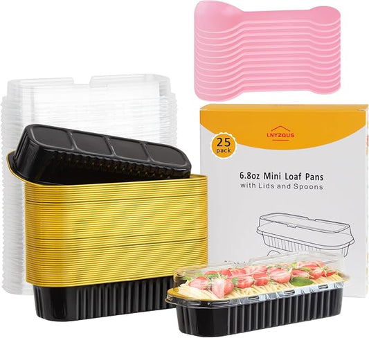 LNYZQUS Foil Mini Loaf Pans with Lids 25 Pack, 6.8oz Mini Cake Tins Individual Baking Cups for Little Banana Bread Loaves, Disposable Small Cupcake Containers for Halloween Baking Gifts-Black
