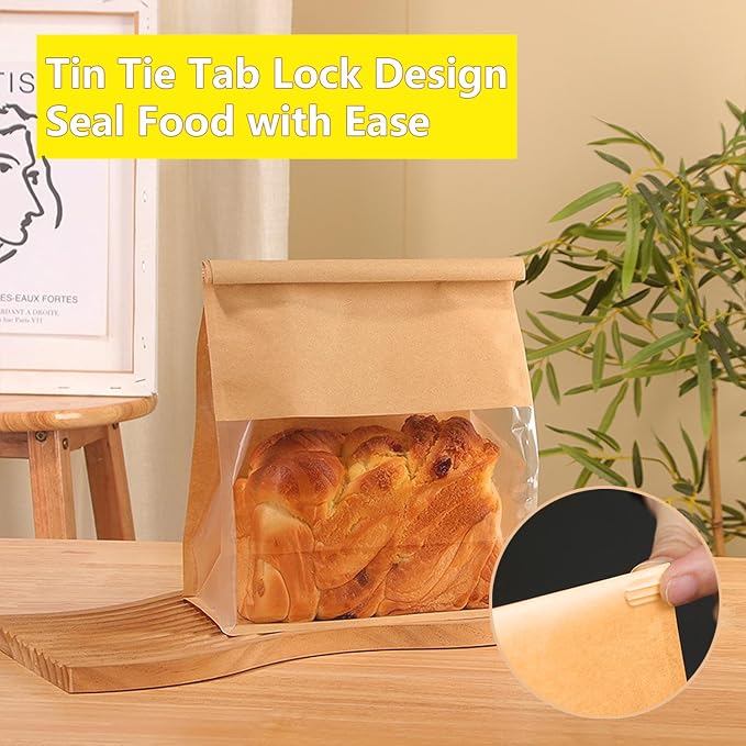 Heavy Duty Large Paper Bread Bags with Tin Tie Tab Lock 200pcs, Loaf Bag with Clear Front Window, Storage Packaging Treat Bag for Bakery Cafe Homemade Bread 10.6” × 4.3” × 8.7”