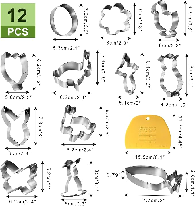 Easter Cookie Cutter Set - 12Pcs Mini Cookie Cutters Variety Pack with Dough Scraper, Stainless Steel Cookie Mold for Biscuits, Fondant, Sandwiches and Pancakes, Style B