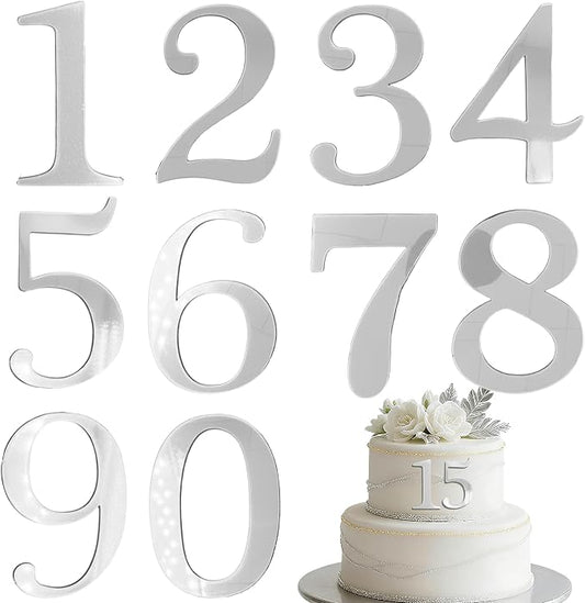 Large Acrylic Cake Numbers Toppers, 10 Pcs DIY Cupcake Toppers, 0-9 Cake Decoration for Birthday Wedding Party Baby Shower(Sliver)