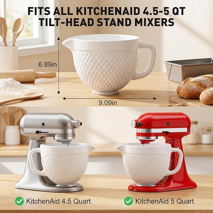 Cofun Ceramic Mixer Bowl for KitchenAid, Compatible with All KitchenAid 4.5-5 Qt Tilt-Head Stand Mixers, Mixing Bowl with Handle & Pour Spout, Oven/Microwave/Dishwasher Safe