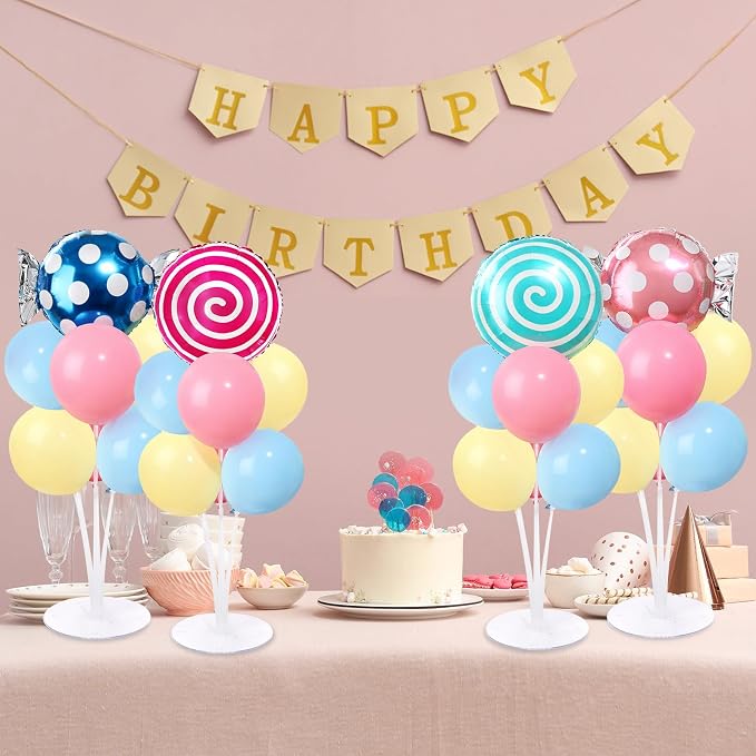 4 Sets Pastel Sweet Candy Theme Party Balloons Stand Kit with Lollipop Candies Foil Balloons Party Balloon Centerpiece for Tables for Candy World Birthday Party Candies Themed Decoration