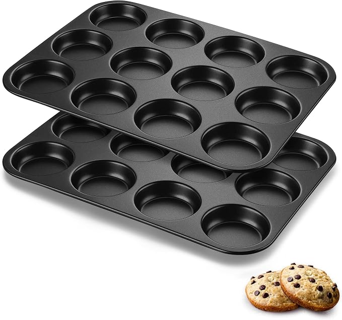 P&P CHEF 12-Cup Muffin Top Pan (2 Piece), Stainless Steel Muffin Pan Cupcake Tin with Shallow Side for Whoopie Pie & Yorkshire Pudding, Easy Clean & Oven Safe, Black