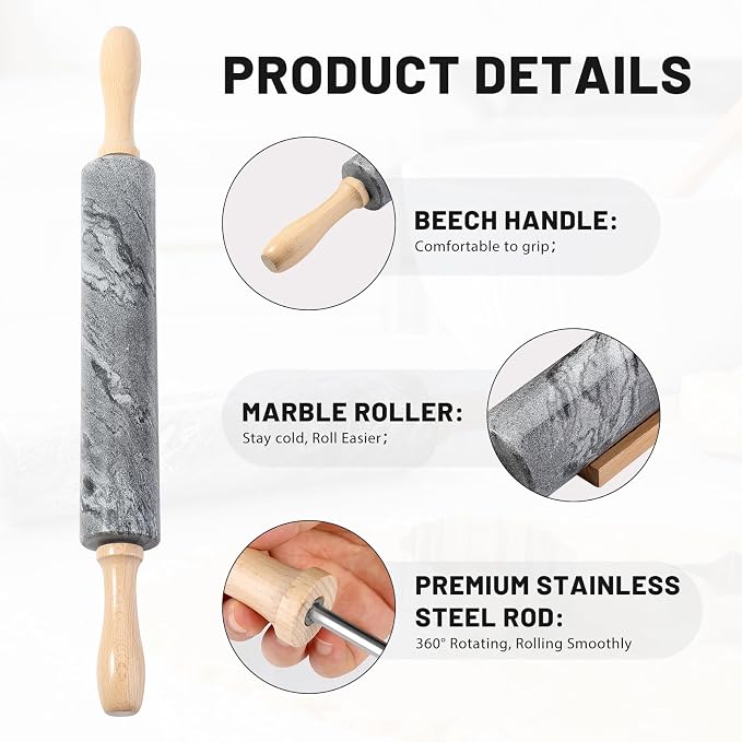 Koville Marble Rolling Pin, Non-Stick Polished Dough Roller, Pasta, Dumpling, Ravioli, Fondant,Pie Crust, Kitchen Baking Pastry Tools Grey Marble