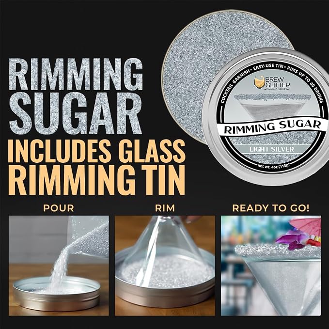 Brew Glitter - Light Silver Rimming Sugar (4oz, 1x Bar Tin) Cocktail Garnish for Mixed Drinks & Refreshments
