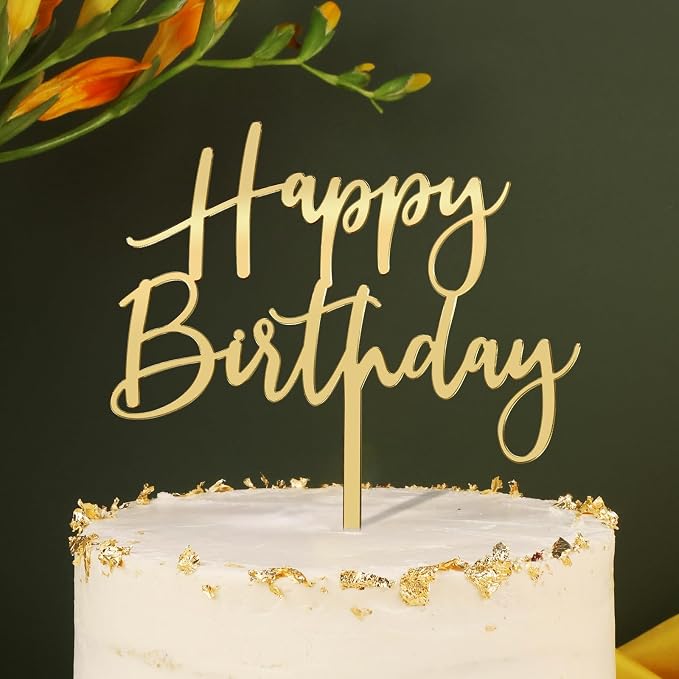Happy Birthday Cake Topper, Gold Acrylic Durable Versatile Cake Topper, Birthday Supplies Decorations (Gold)