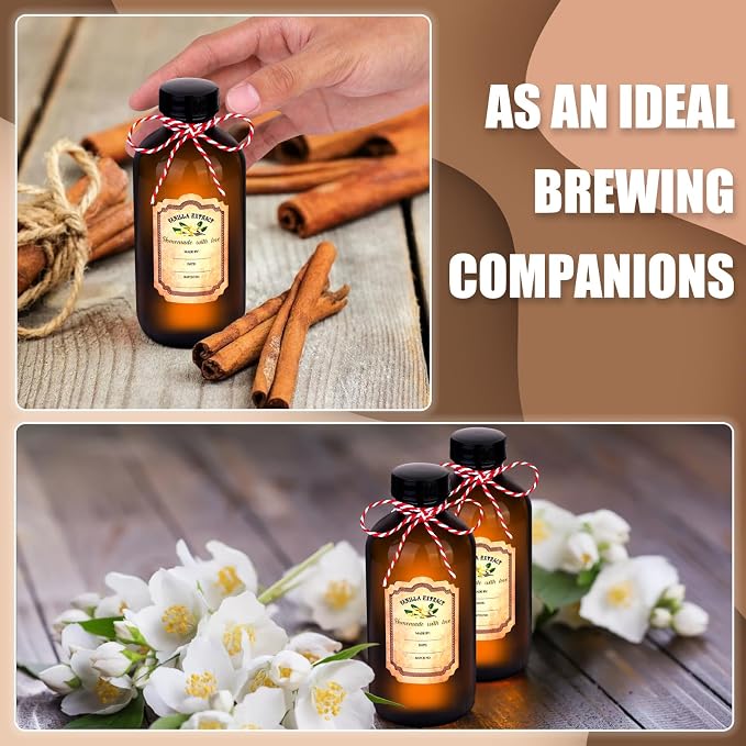12 Pack Amber Glass Bottles for Vanilla Extract Homemade 8 oz,Vanilla Extract Bottles,Brown Boston Round Bottle with Caps and Stickers,Glass Food Storage Canister for Syrup Beans Sauce Essential Oil