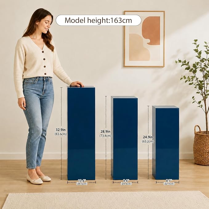 SwallowLiving 3PCS Metal Blue Display Pedestal Stand for Parties, Square Tall Pedestal Cake Stands Pillars for Wedding, Sculpture Display Stand Column Decoration