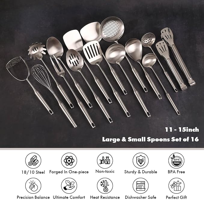 18/10 Stainless Steel Cooking Utensils Set - 16 PCS All Metal Small & Large Kitchen Spoons, Serving Utensils - Whisk, Masher, Fork, Tongs, Solid/Slotted Spoon, Spatula, Turner, Ladle, Skimmer, Pasta