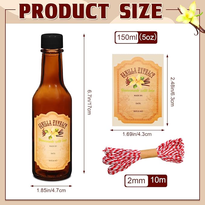Tioncy 16 Pcs Vanilla Extract Bottles for Homemade Vanilla Jar Glass Bottle with Cap, Shrink Band, Sticker Syrup Gift Food Storage Canister for Bean Sauce Spice(Black, Brown,5 oz)