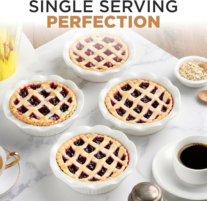 Aunt Shannon's Kitchen White Ceramic Mini Pie Pans - Set of 4 - Small 5.5 Inch Pie Pans with Classic Fluted Rims - Individual Apple Pie, Quiche, Puddings,Tart, Oven and Microwave Safe, White