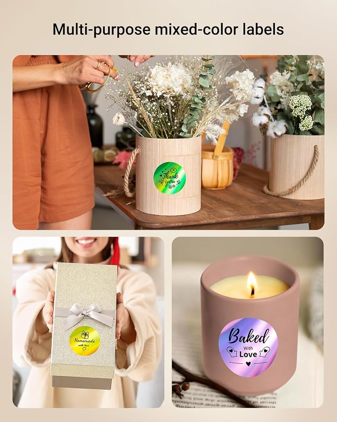 Phomemo 2 Inch Circle Thermal Labels,Holographic Thermal Stickers for M110/M100/M220/M108/M221 Label Makers, Self-Adhesive Thermal Paper for Logo, Candle, Baking,Canning, Small Business, 140pcs/Roll