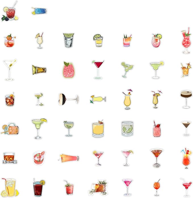 100Pcs Cocktail Stickers for Water Bottle and Laptop - Cocktail Party Supplies & Decorations, Waterproof Vinyl Decals, Drink and Fun Stickers, Gifts for Women & Men