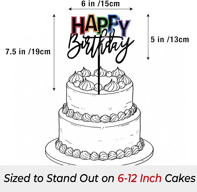 Acrylic Black Happy Birthday Cake Topper, 7.5" x 6" Rainbow Birthday Cake Decoration (Black)