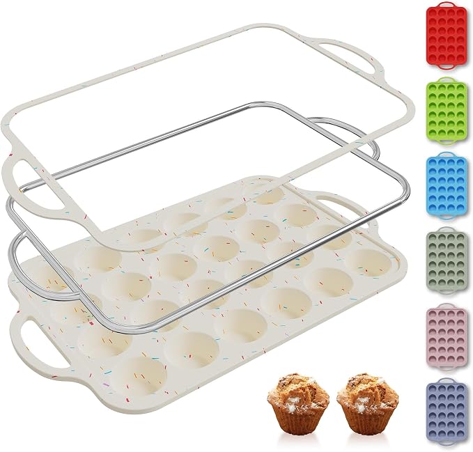 Socisen 24 Cups Silicone Muffin Pan with Metal Reinforced Frame Mini Size Cupcake Pan Tray Egg Bites Silicone Circle Cookie Molds Muffin Tin Tart Pans Non Stick Toxic Oven Safe Baking Sheet Set