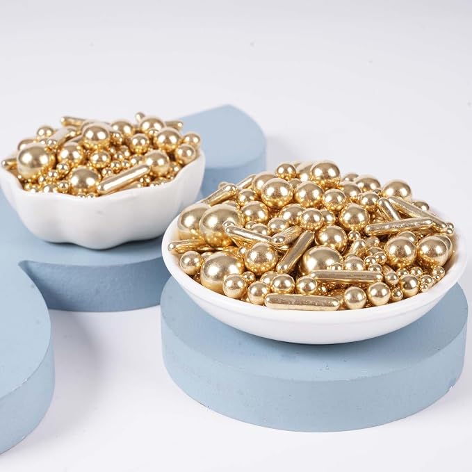 Kasvan Gold Pearl Sugar Sprinkles - Edible Candy Pearls 130g/4.58 Oz, Mix Size, Baking Cake Decorations, Ice Cream Toppings and Cookie Decorating, Wedding Party Chirstmas Supplies (Gold)